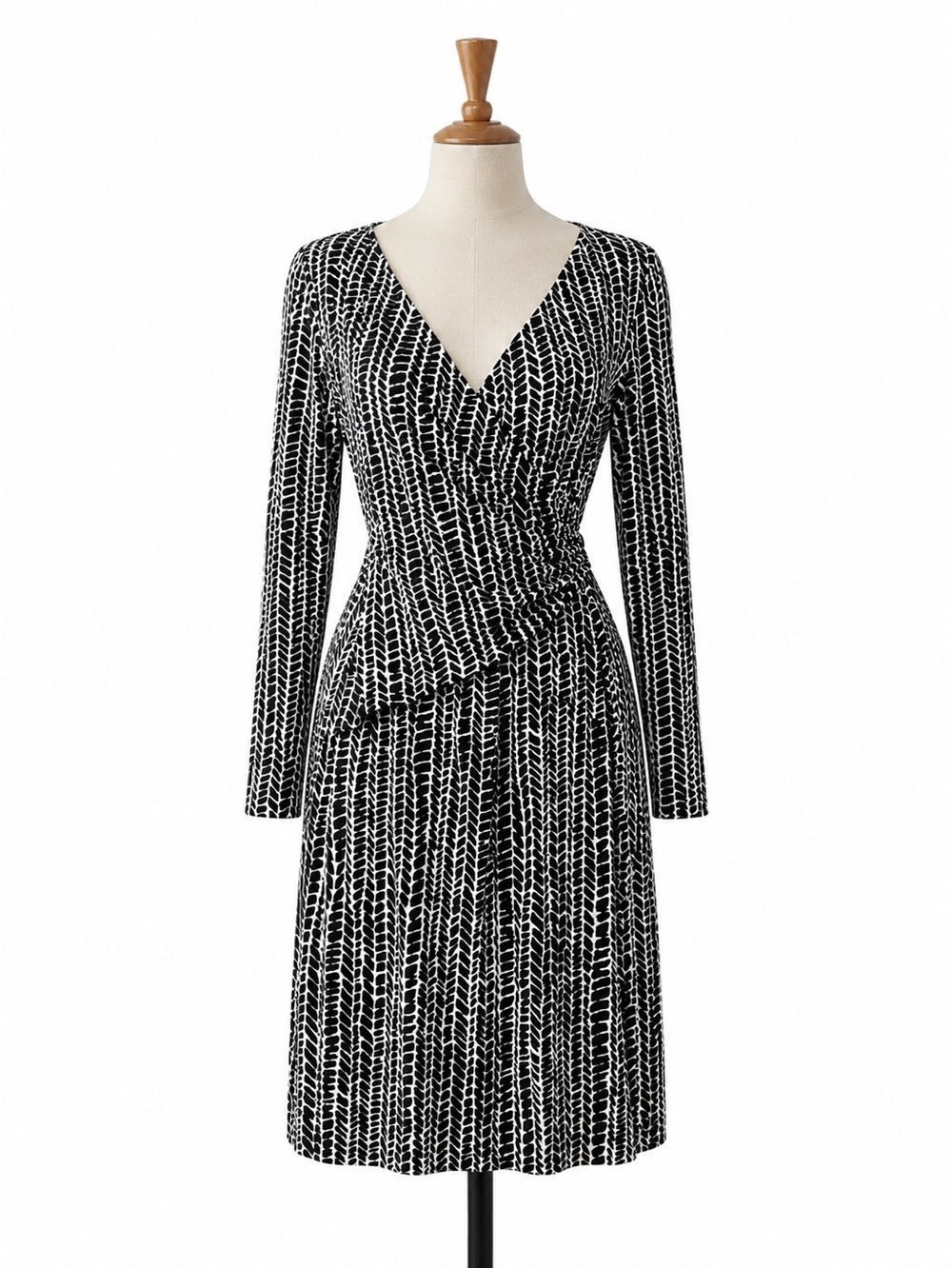Talbots Faux Wrap Dress Size S Black White Geometric Print Long Sleeve MidiWork